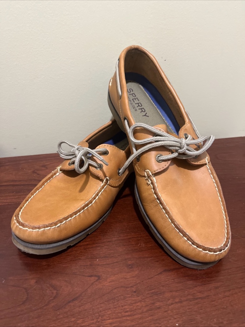 Sperry Tan Leather 2-Eye Boat Shoes with Gray Laces